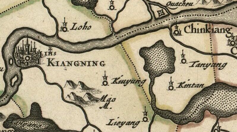 A printed map of Zhenjiang Prefecture ("Chinkiang") between the Yangtze and Lake Tai east of Nanjing ("Kiangning"), from Martino Martini's 1655 Novus Atlas Sinensis. The river marked west of the city is the Grand Canal.