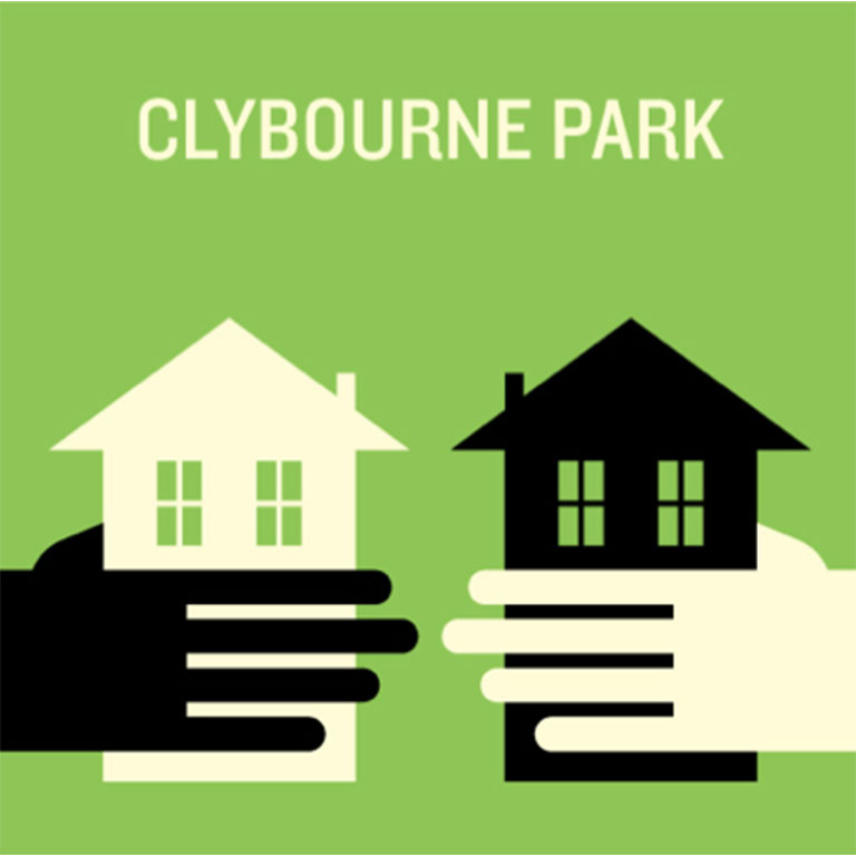An illustration of two hands holding houses under the words 'Clybourne Park'