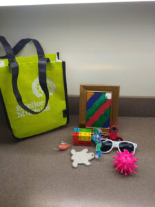 A tote bag next to objects including sunglasses, a rubber toy, blocks, and a painting. 
