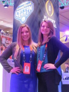 Sports Capital Journalism Program students Jessica Wimsatt (left) and Elizabeth Cotter (right) at Cotton Bowl media day on Dec. 28.