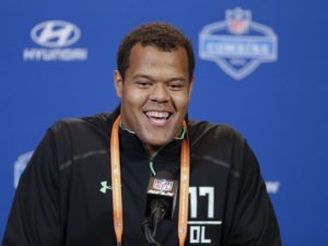 Joshua Garnett answers questions at the 2016 NFL Scouting Combine in Indianapolis.
