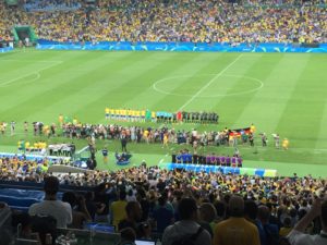 Brazil and Germany line up on the field ahead of their gold-medal match on Aug. 20, 2016 at the Maracanã. (Photo by Frank Gogola)